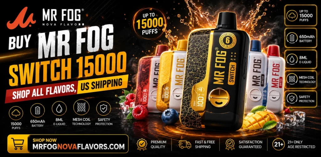 Mr Fog Switch 15000 flavors collection with fruit, mint, ice, and beverage-inspired options