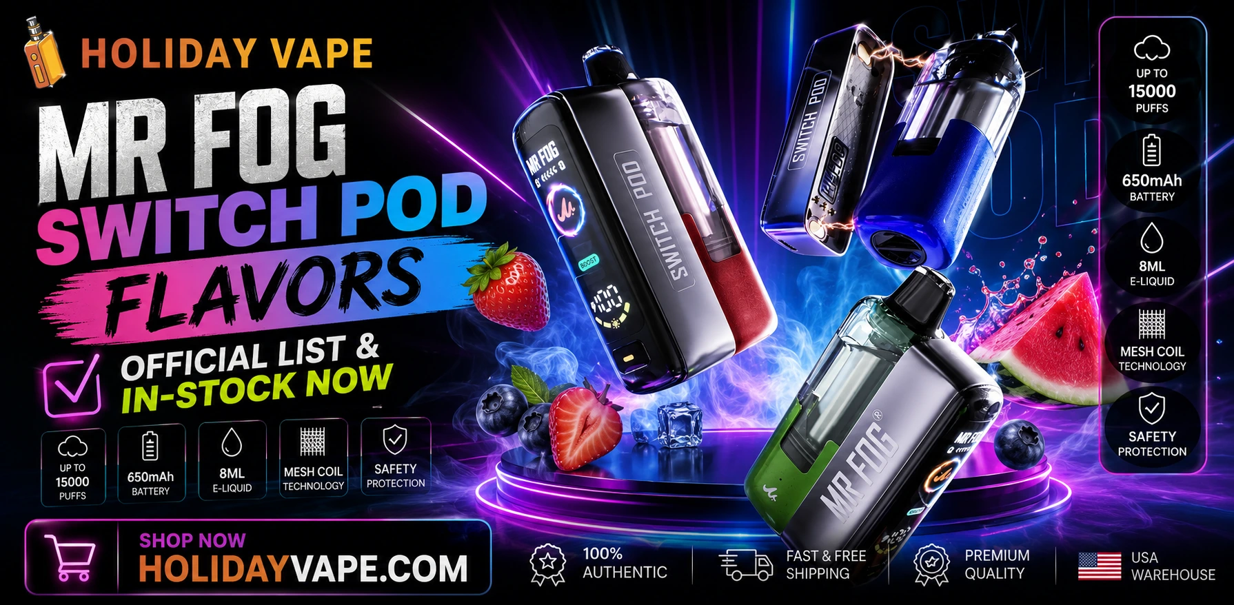 Mr Fog Switch Pod flavors featuring fruit, mint, candy, and beverage-inspired options