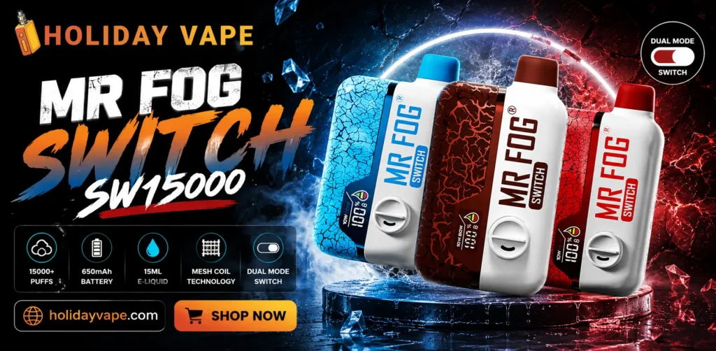 Mr Fog Switch SW15000 disposable vape with rechargeable battery and multiple flavor options.