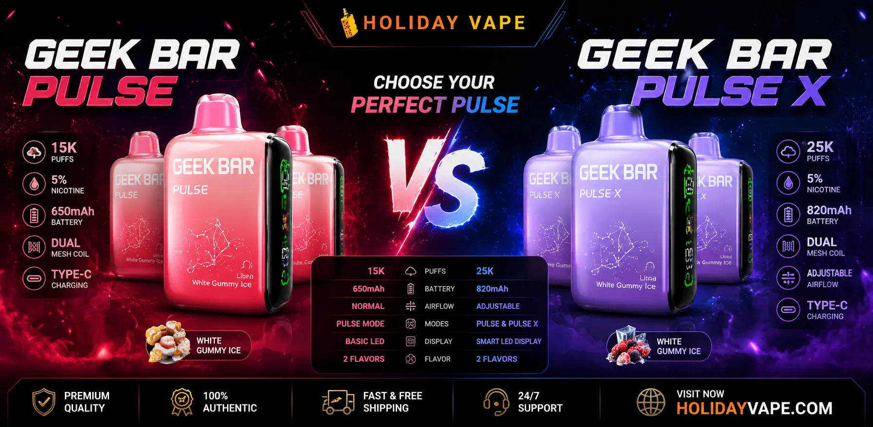 Side-by-side comparison of Geek Bar Pulse and Geek Bar Pulse X