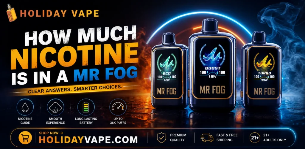 Detail of nicotine strength labeling on a Mr Fog disposable vape packaging.
