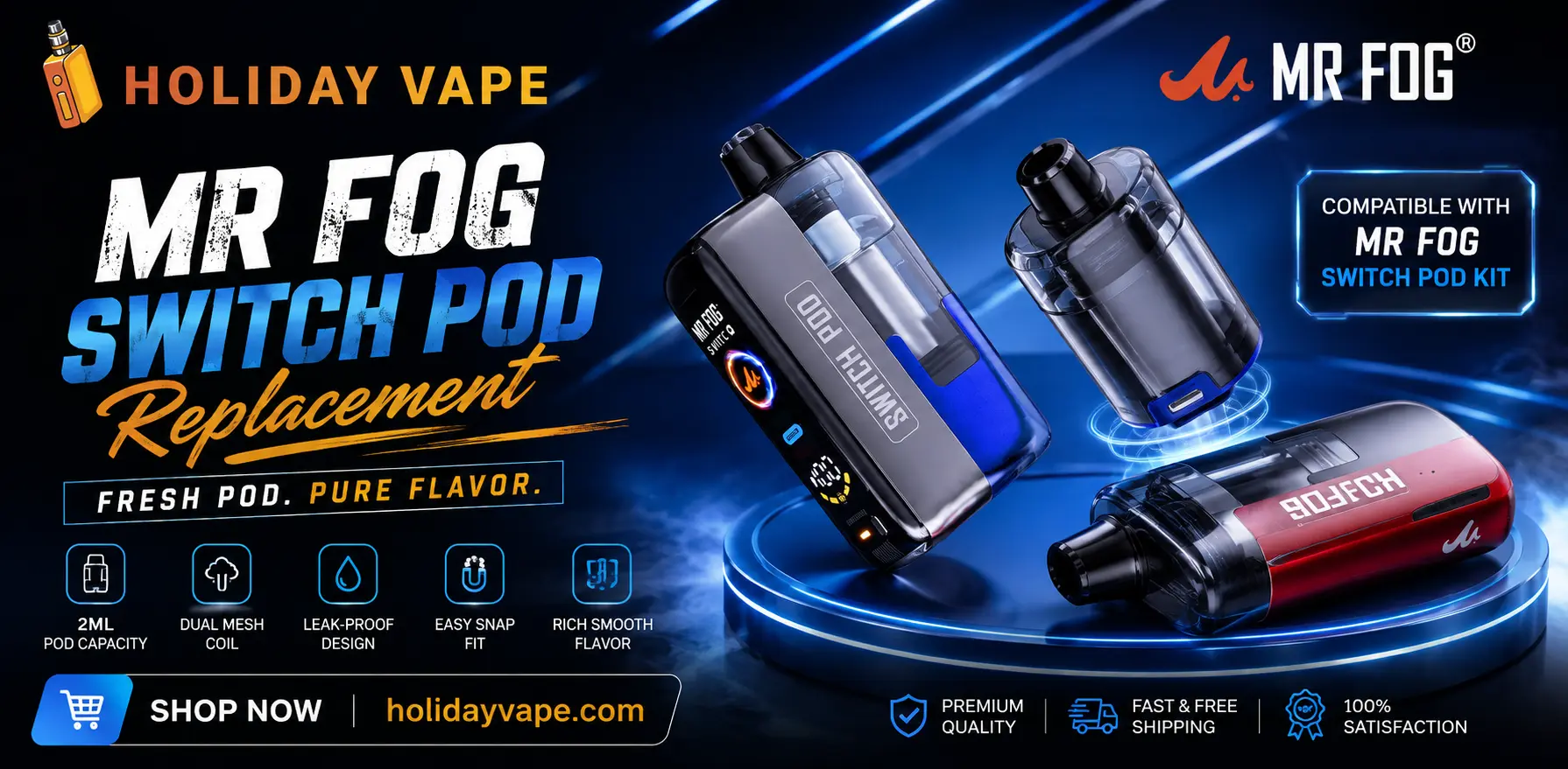 Mr Fog Switch Pod Replacement featuring a compact compatible pod design for Mr Fog Switch devices, with a streamlined shape suitable for replacement and everyday vape setup maintenance.