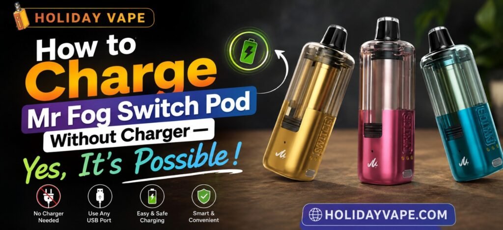 How to charge Mr Fog Switch Pod without charger, showing a rechargeable vape pod and alternative charging setup for safely powering the device when the original charger is unavailable.
