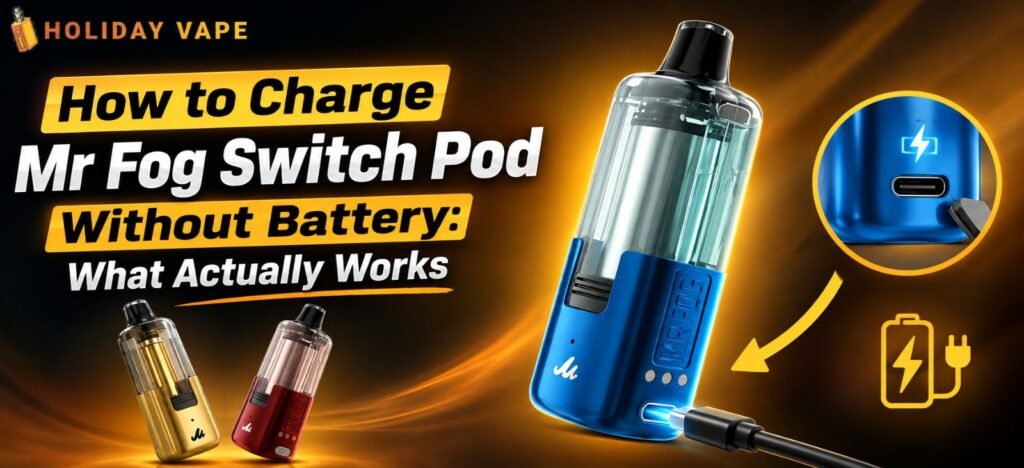 How to charge Mr Fog Switch Pod without battery using the correct charging connection and compatible power source