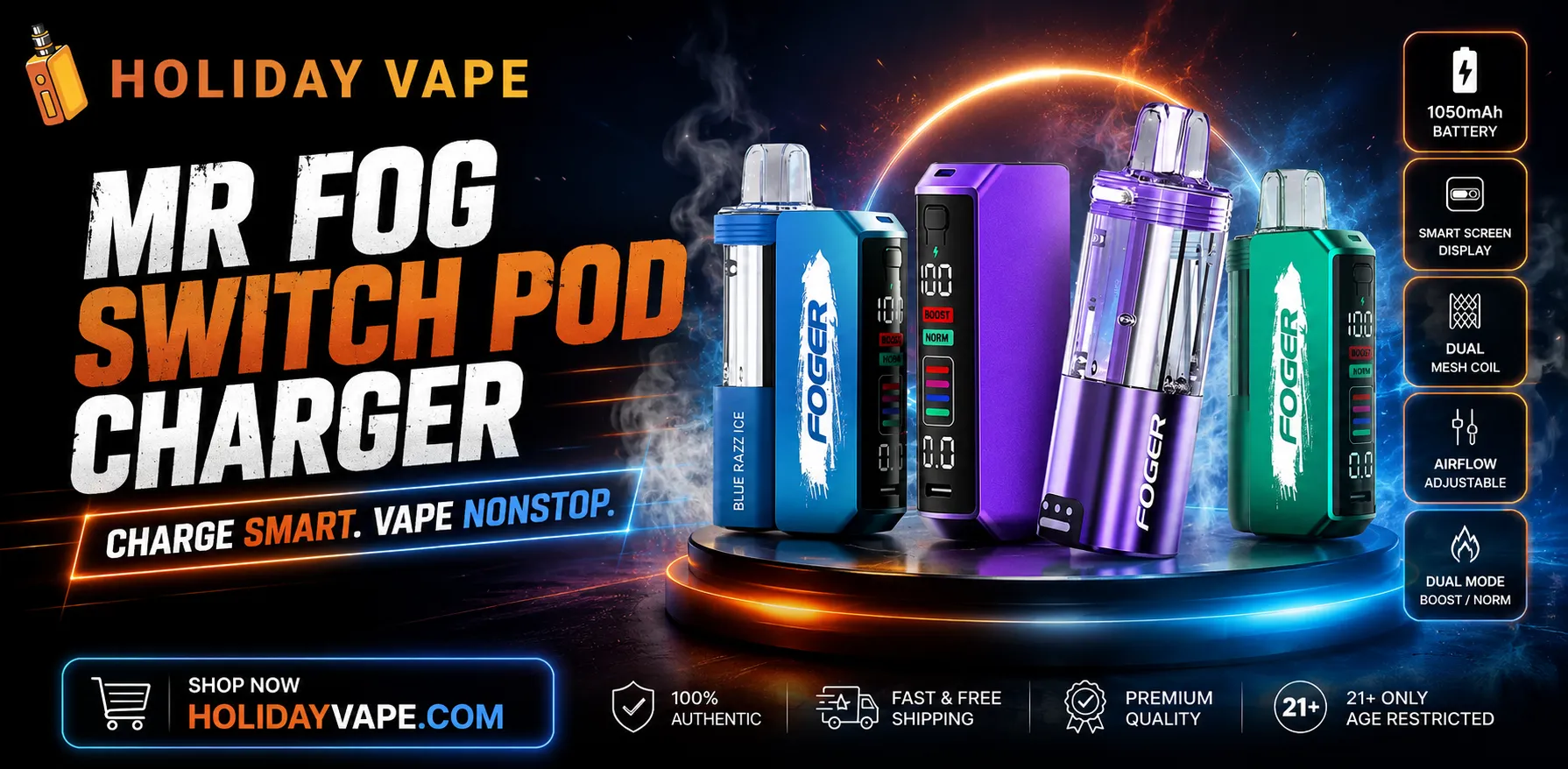 MR FOG Switch pod charger showing the compatible charging setup, charging port, cable connection, and proper way to charge an MR FOG Switch pod vape