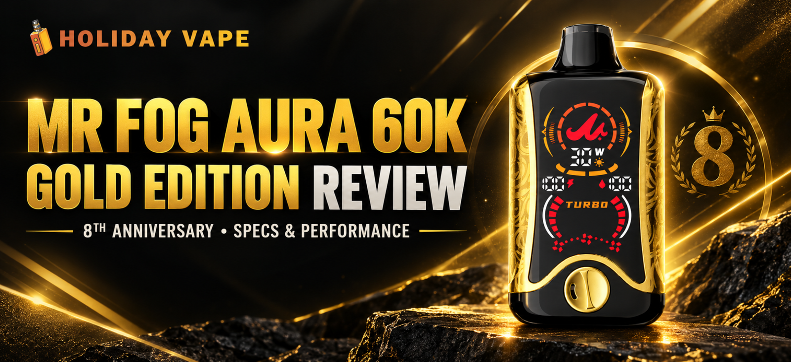 Mr Fog Aura 60K Gold Edition vape review featuring the 8th anniversary design in black and gold